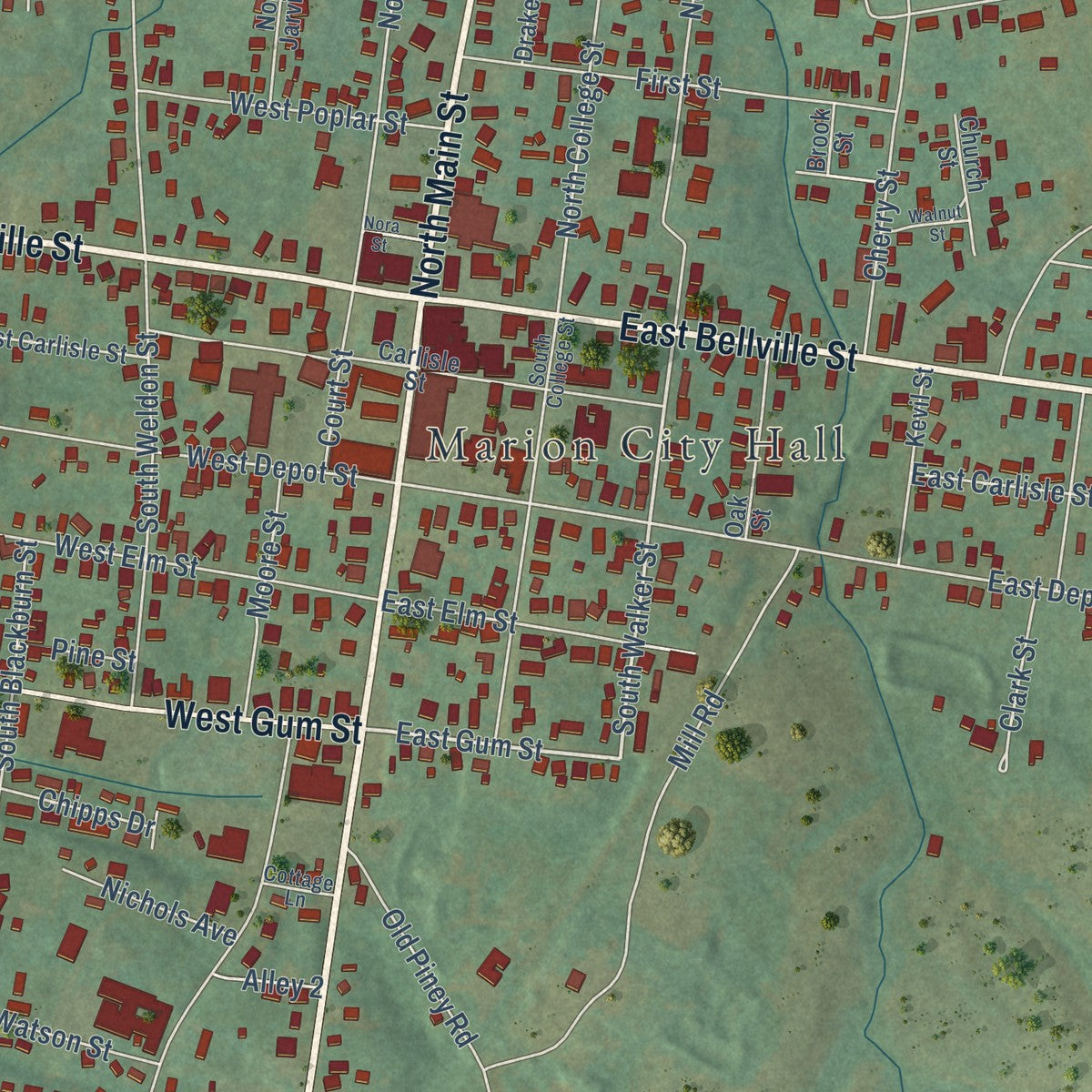 Close-up of the map of Marion, Kentucky print showing street and building detail
