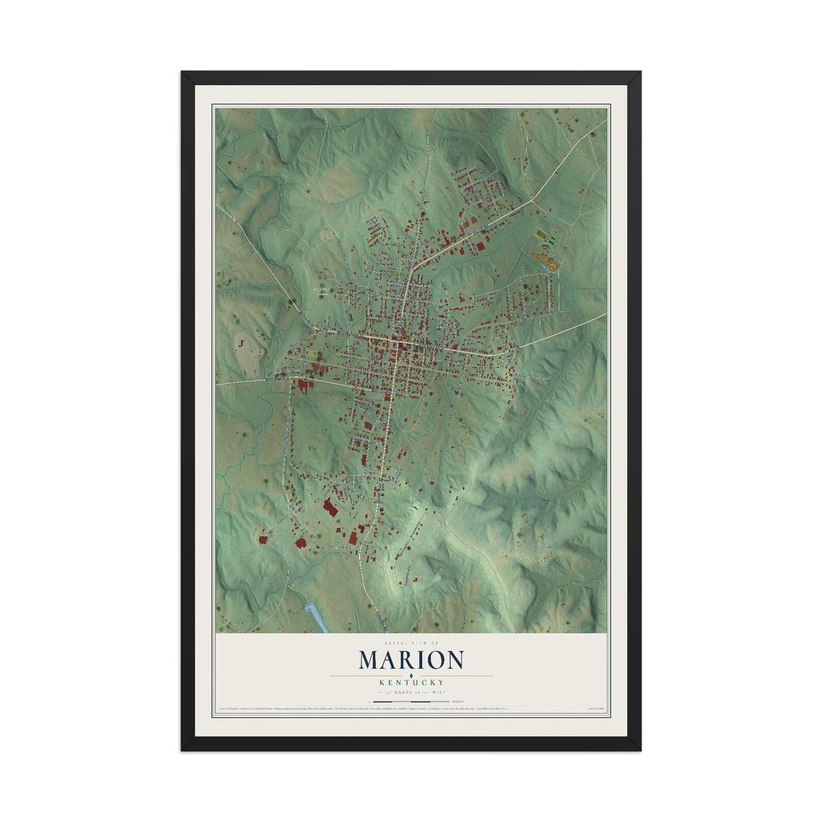 Map of Marion, Kentucky, 12 x 18 inch print in a black wood frame