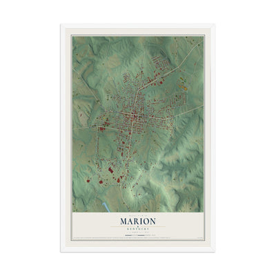 Map of Marion, Kentucky, 12 x 18 inch print in a white wood frame