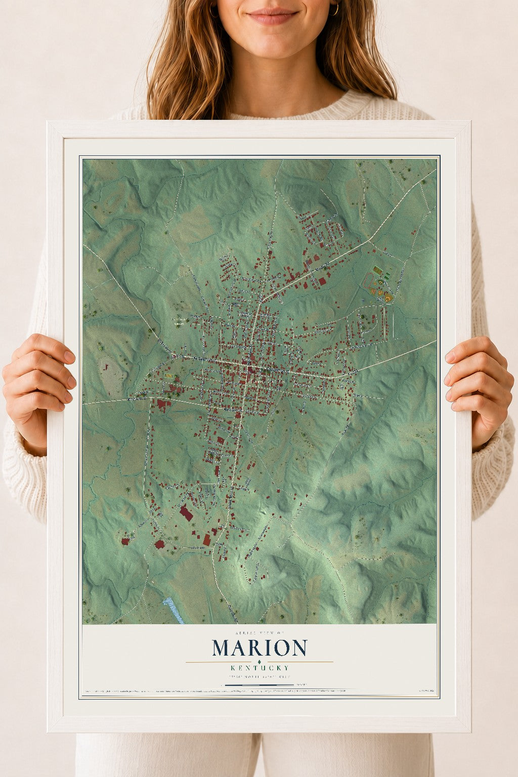 Map of Marion, Kentucky, 18 x 24 inch print in a white wood frame
