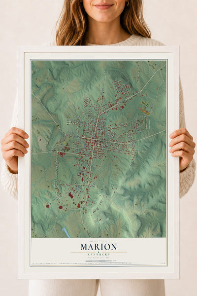 Map of Marion, Kentucky, 18 x 24 inch print in a white wood frame
