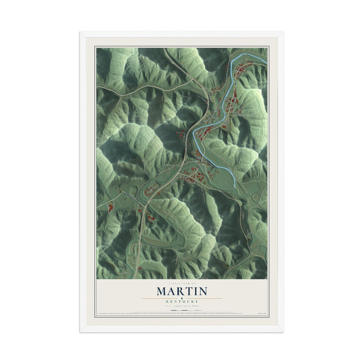 Map of Martin, Kentucky, 12 x 18 inch print in a white wood frame