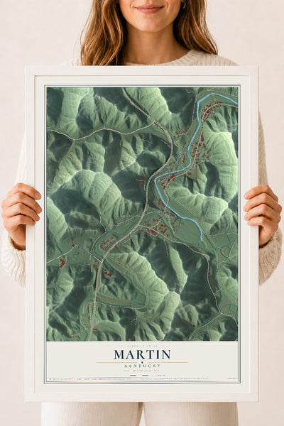 Map of Martin, Kentucky, 18 x 24 inch print in a white wood frame