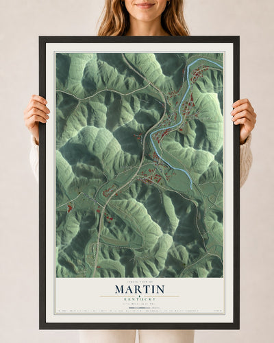 Map of Martin, Kentucky, 24 x 36 inch print in a black wood frame