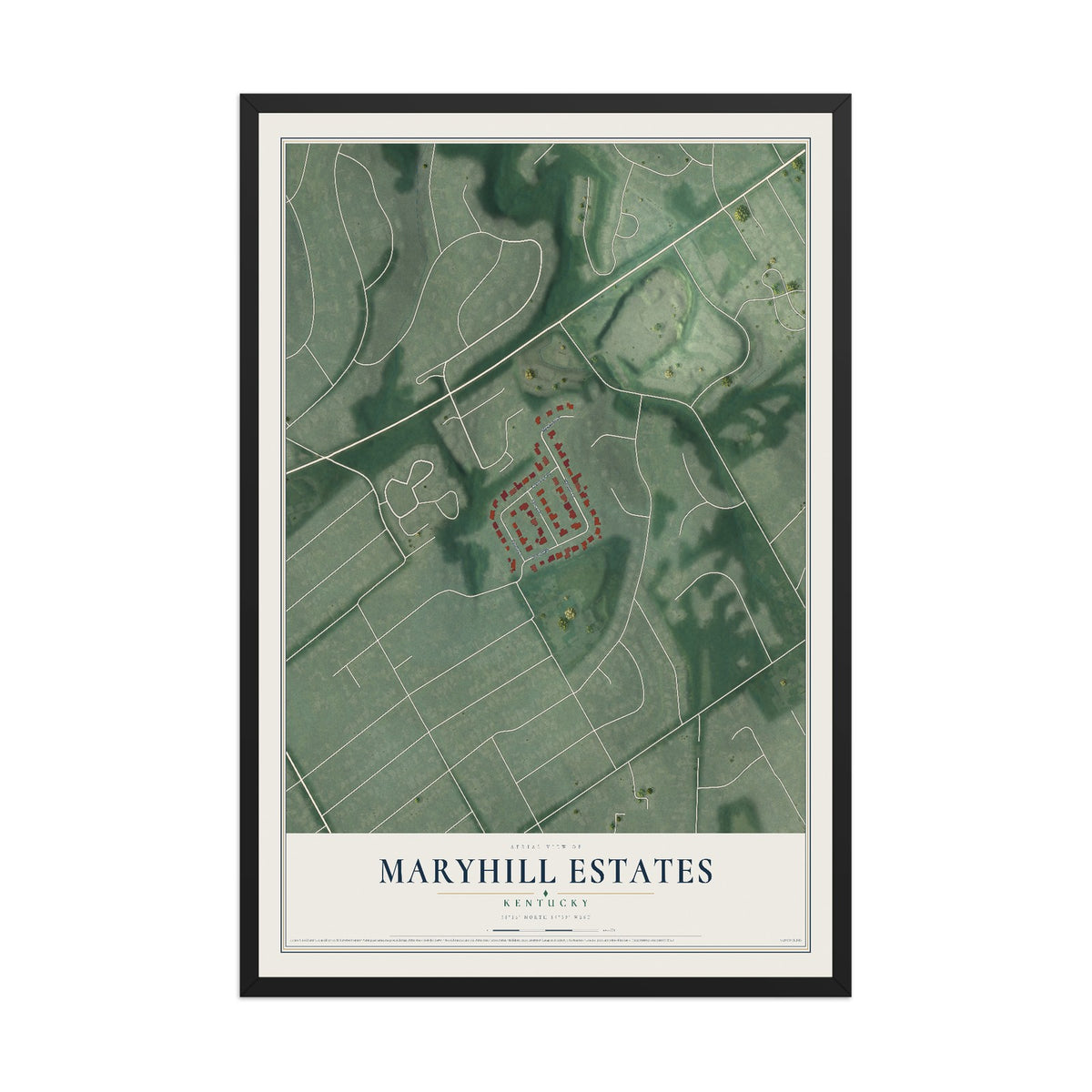 Map of Maryhill Estates, Kentucky, 12 x 18 inch print in a black wood frame