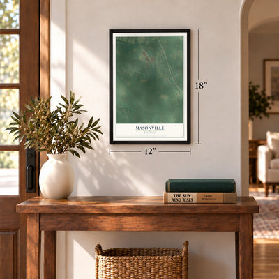 Masonville, Kentucky map, 12 x 18 inch print in a black frame in an entryway