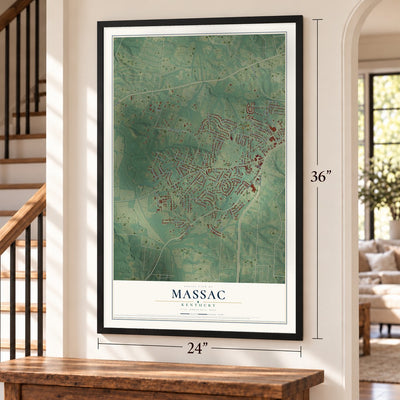 Massac, Kentucky map, 24 x 36 inch print in a black frame by a staircase