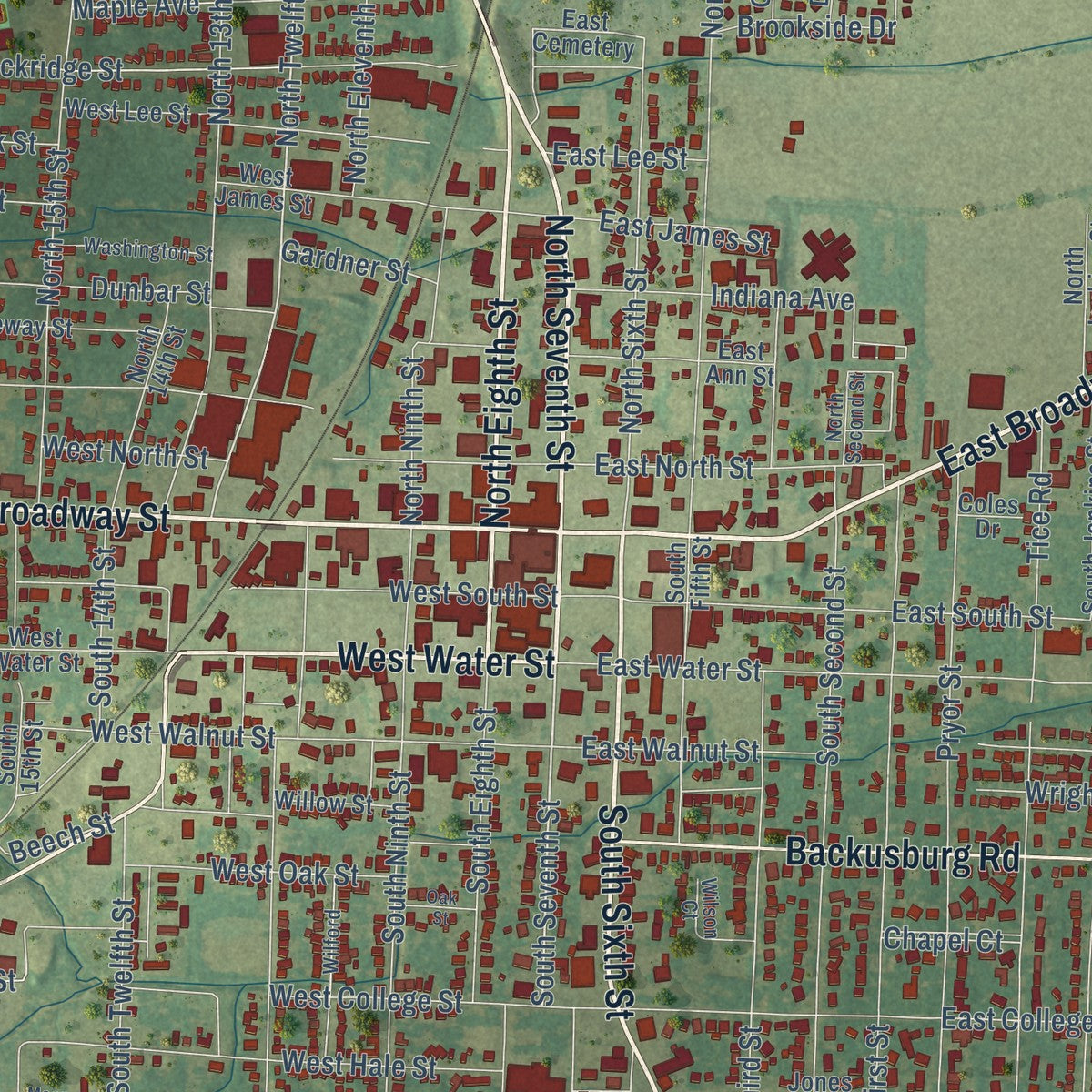 Close-up of the map of Mayfield, Kentucky print showing street and building detail