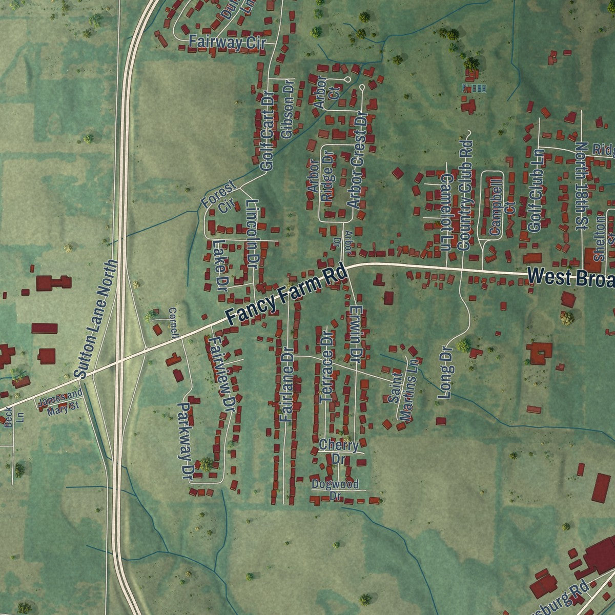 Second close-up of the map of Mayfield, Kentucky print showing more streets and buildings