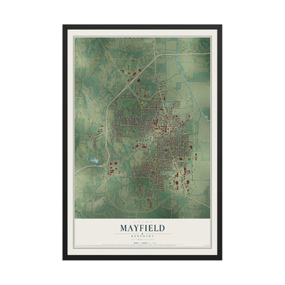 Map of Mayfield, Kentucky, 12 x 18 inch print in a black wood frame
