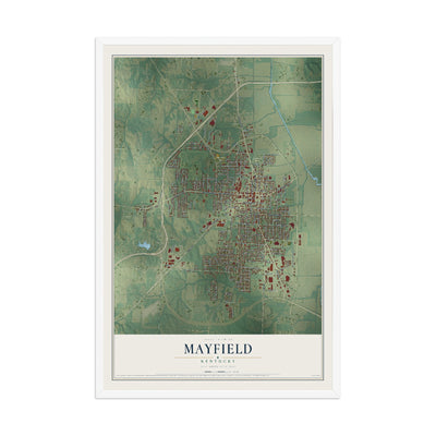 Map of Mayfield, Kentucky, 12 x 18 inch print in a white wood frame
