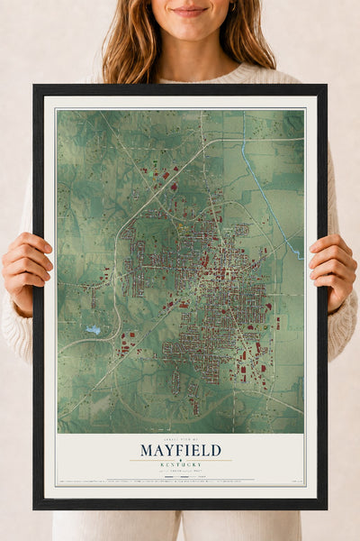 Map of Mayfield, Kentucky, 18 x 24 inch print in a black wood frame