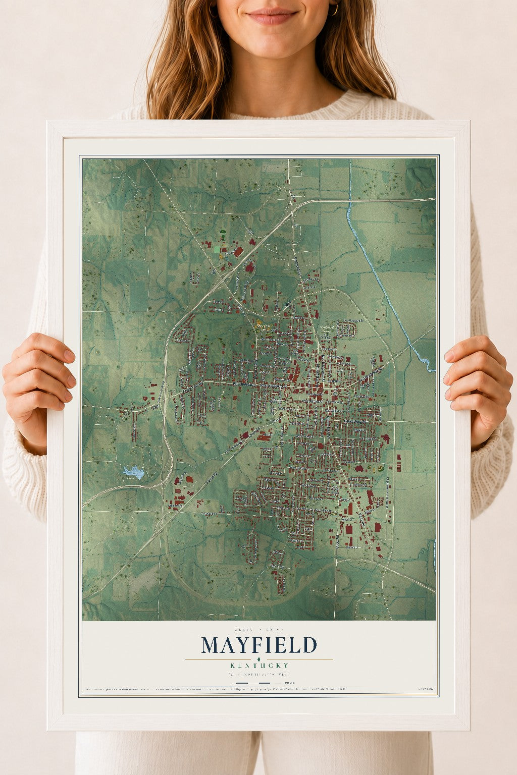 Map of Mayfield, Kentucky, 18 x 24 inch print in a white wood frame