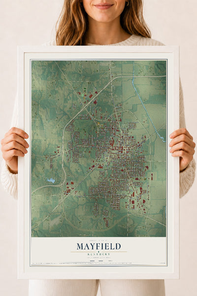 Map of Mayfield, Kentucky, 18 x 24 inch print in a white wood frame