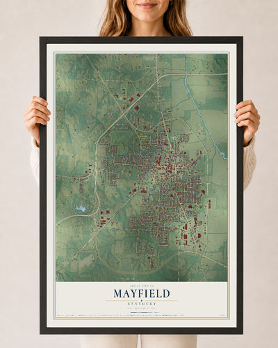 Map of Mayfield, Kentucky, 24 x 36 inch print in a black wood frame