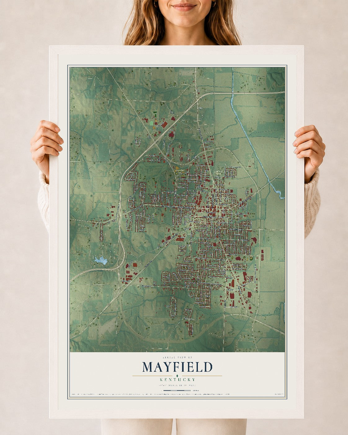 Map of Mayfield, Kentucky, 24 x 36 inch print in a white wood frame