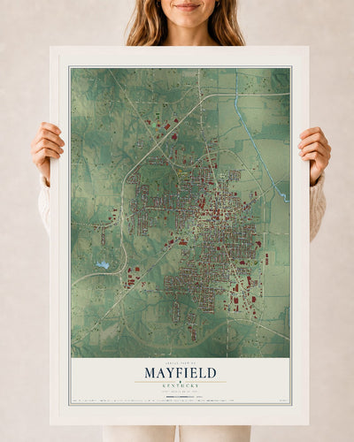 Map of Mayfield, Kentucky, 24 x 36 inch print in a white wood frame