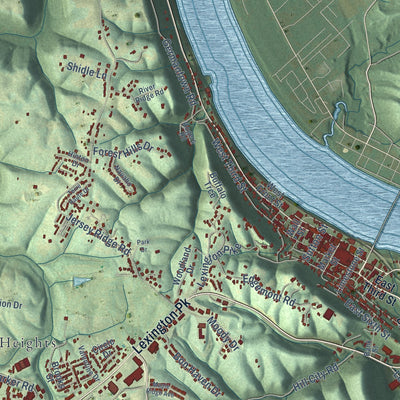 Close-up of the map of Maysville, Kentucky print showing street and building detail