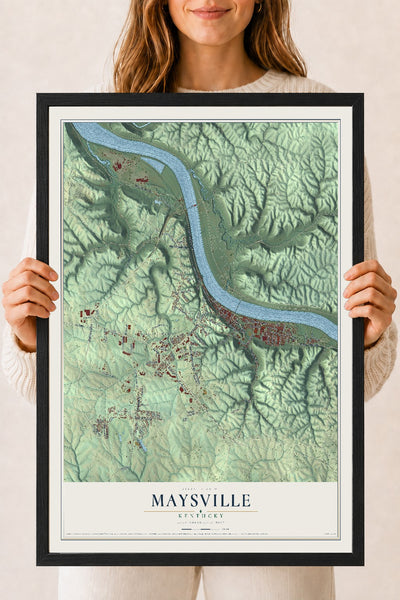 Map of Maysville, Kentucky, 18 x 24 inch print in a black wood frame