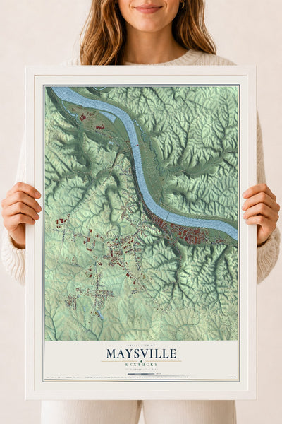 Map of Maysville, Kentucky, 18 x 24 inch print in a white wood frame