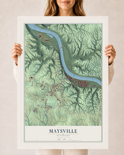 Map of Maysville, Kentucky, 24 x 36 inch print in a white wood frame