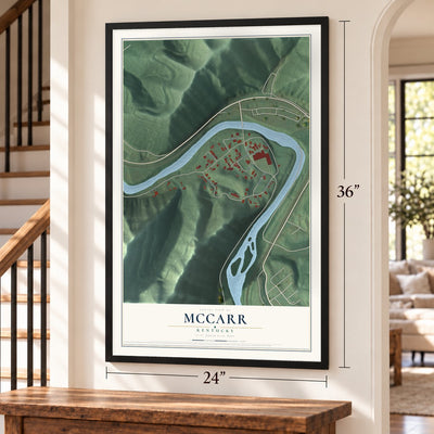 McCarr, Kentucky map, 24 x 36 inch print in a black frame by a staircase