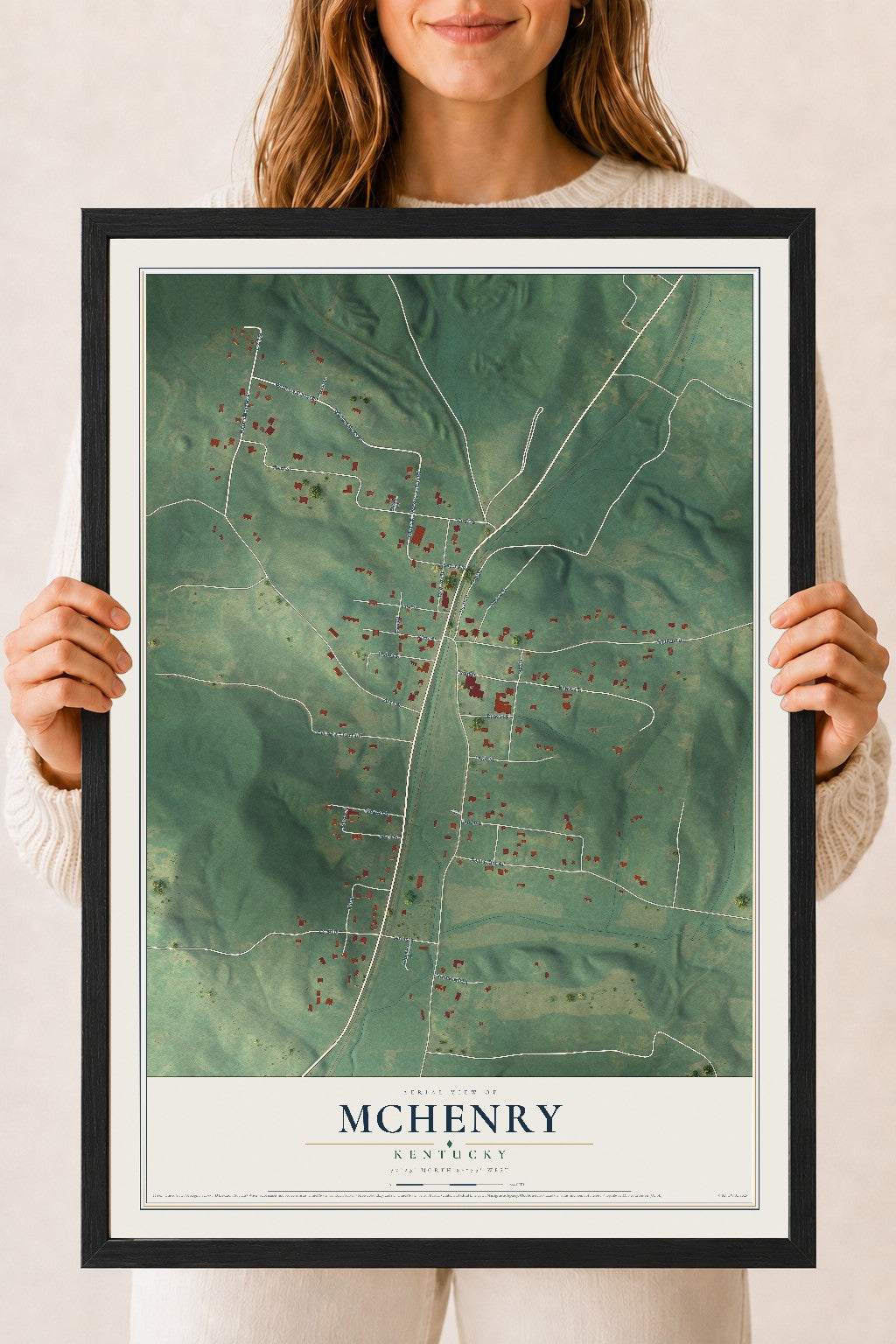 Map of McHenry, Kentucky, 18 x 24 inch print in a black wood frame