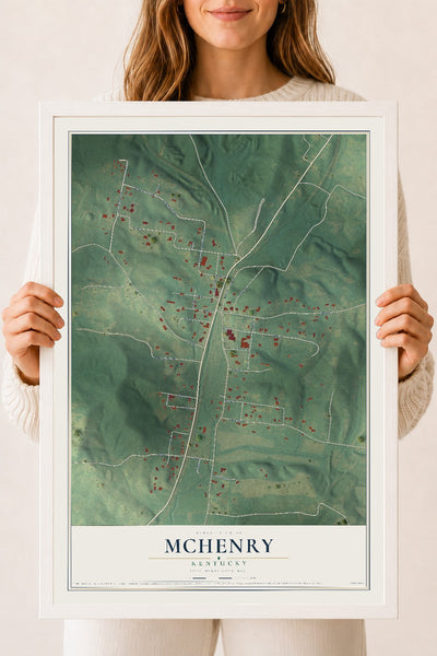 Map of McHenry, Kentucky, 18 x 24 inch print in a white wood frame