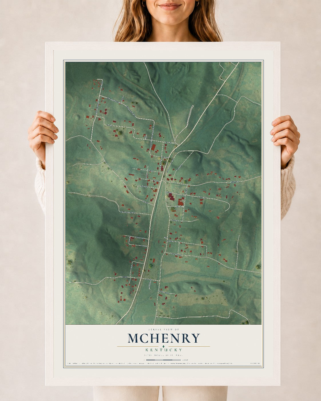Map of McHenry, Kentucky, 24 x 36 inch print in a white wood frame