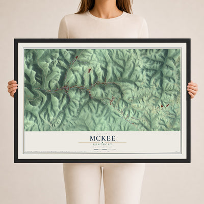 Map of McKee, Kentucky, 24 x 36 inch print in a black wood frame