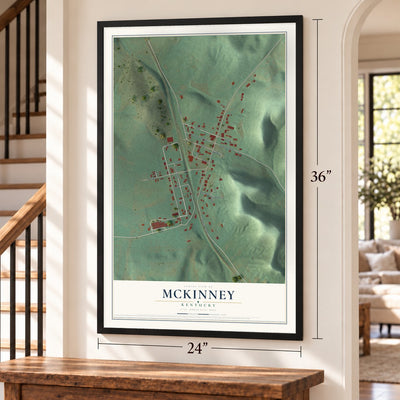 McKinney, Kentucky map, 24 x 36 inch print in a black frame by a staircase