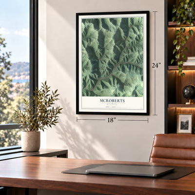 McRoberts, Kentucky map, 18 x 24 inch print in a black frame in a home office