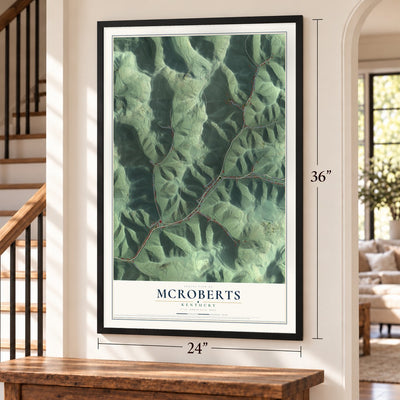 McRoberts, Kentucky map, 24 x 36 inch print in a black frame by a staircase
