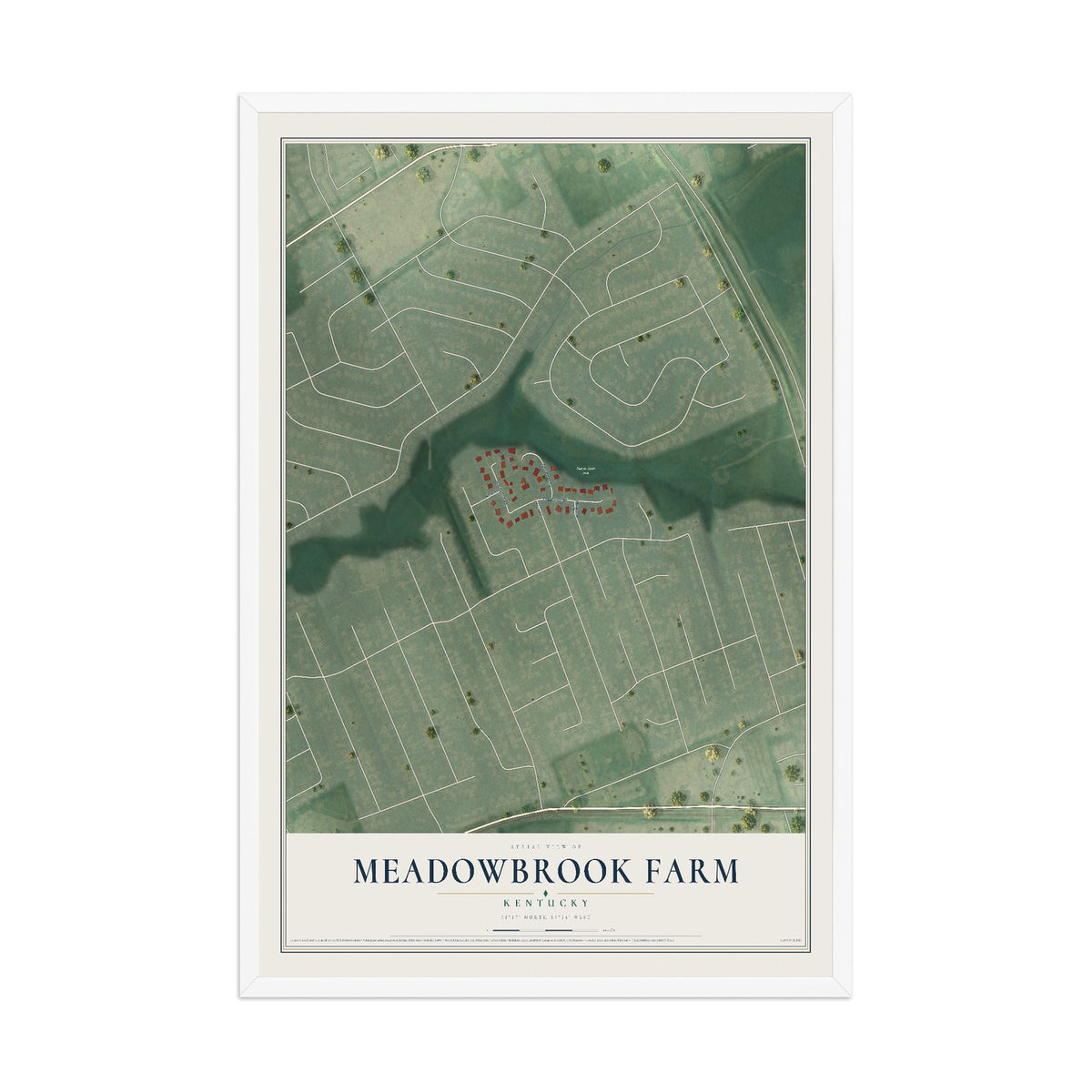 Map of Meadowbrook Farm, Kentucky, 12 x 18 inch print in a white wood frame