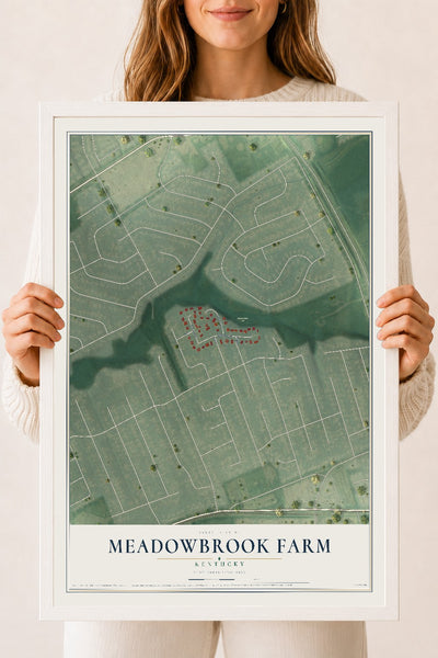 Map of Meadowbrook Farm, Kentucky, 18 x 24 inch print in a white wood frame
