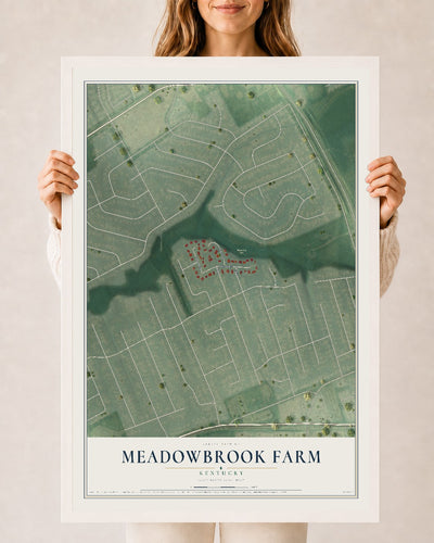 Map of Meadowbrook Farm, Kentucky, 24 x 36 inch print in a white wood frame