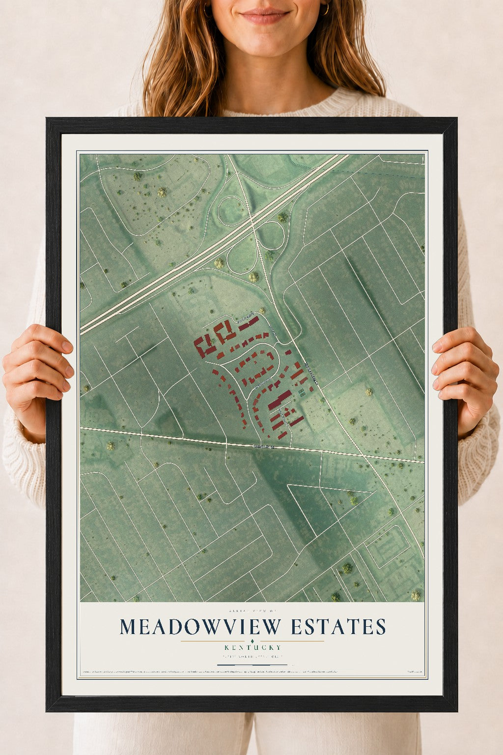 Map of Meadowview Estates, Kentucky, 18 x 24 inch print in a black wood frame