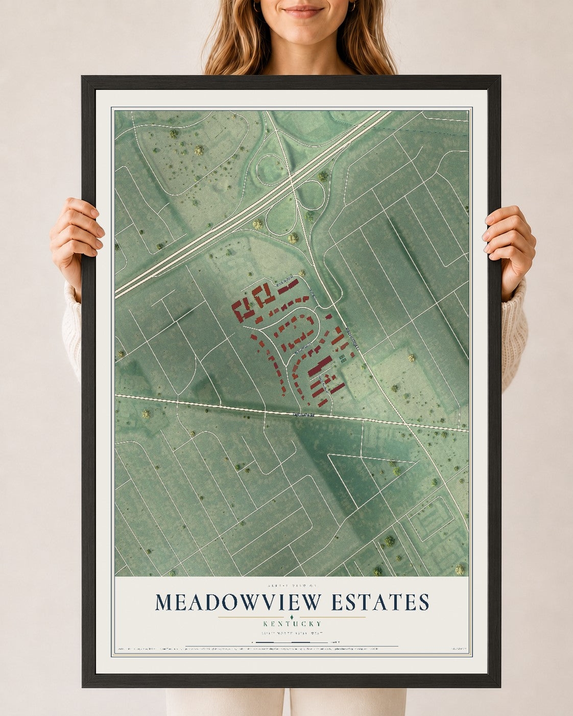 Map of Meadowview Estates, Kentucky, 24 x 36 inch print in a black wood frame