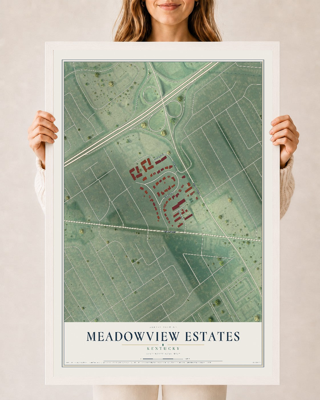 Map of Meadowview Estates, Kentucky, 24 x 36 inch print in a white wood frame