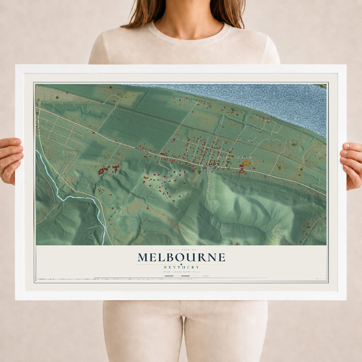 Map of Melbourne, Kentucky, 18 x 24 inch print in a white wood frame