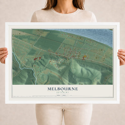 Map of Melbourne, Kentucky, 18 x 24 inch print in a white wood frame