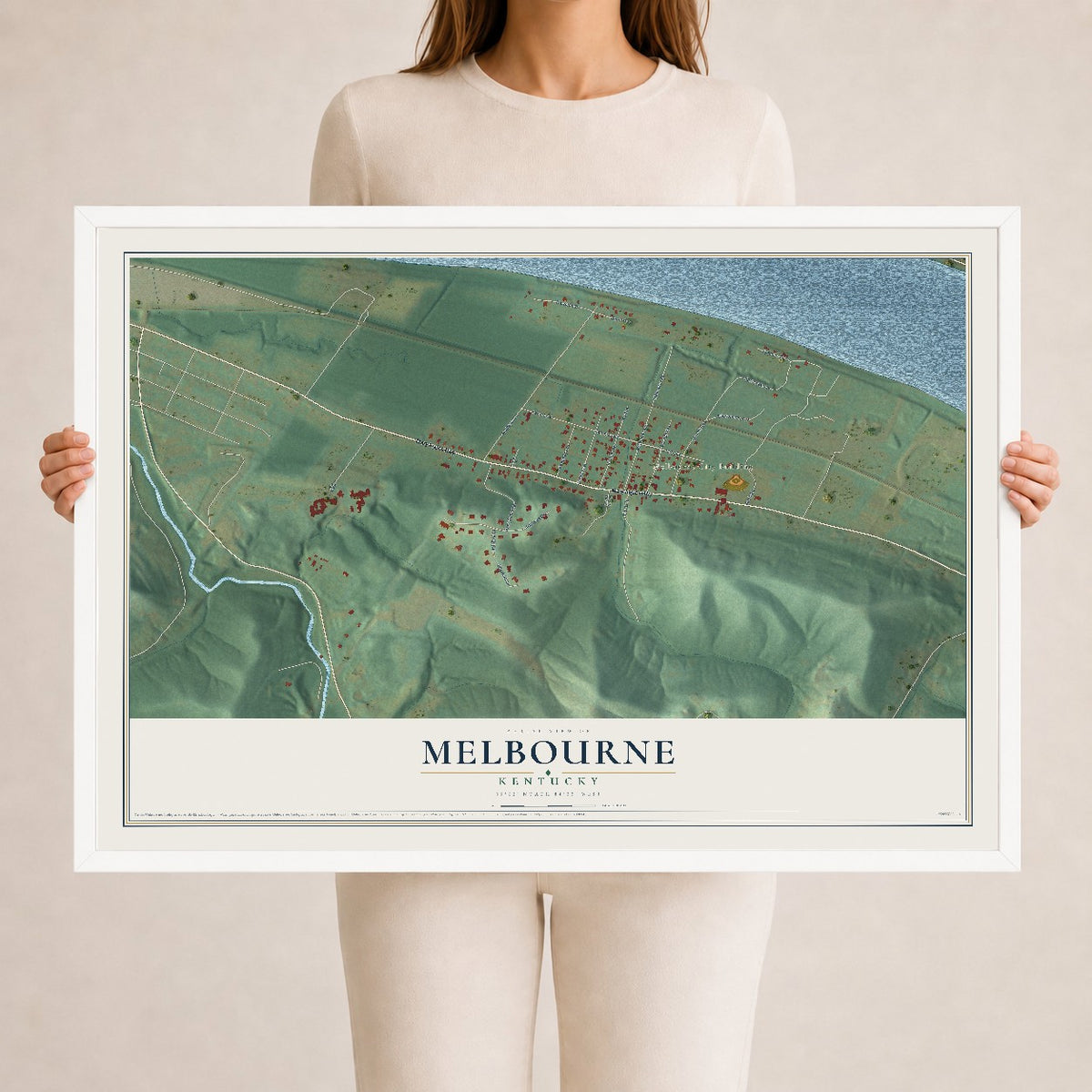 Map of Melbourne, Kentucky, 24 x 36 inch print in a white wood frame