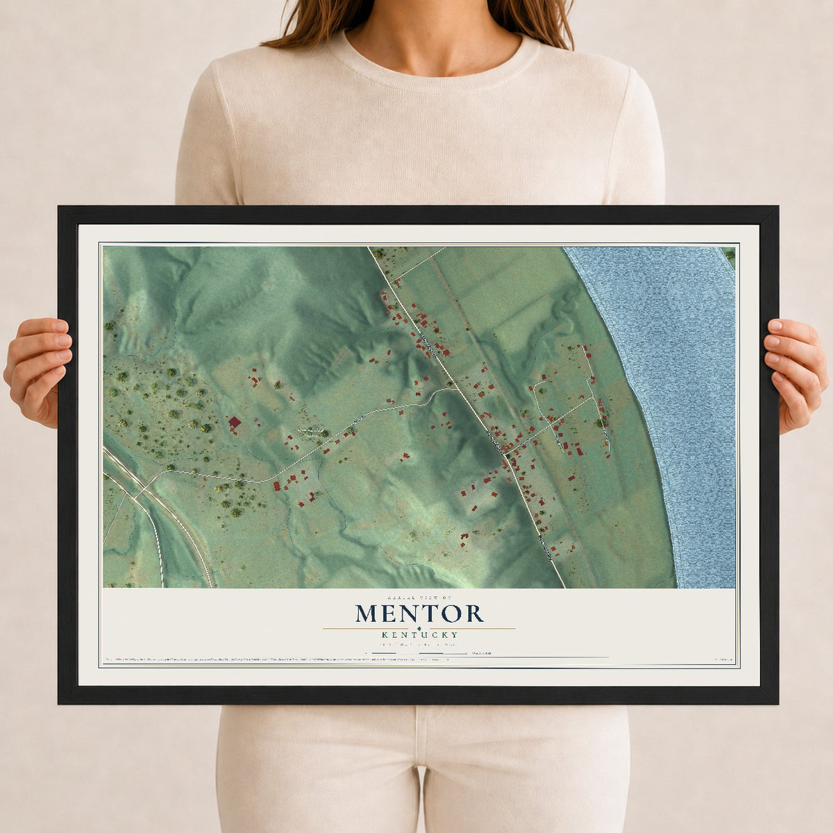Map of Mentor, Kentucky, 12 x 18 inch print in a black wood frame