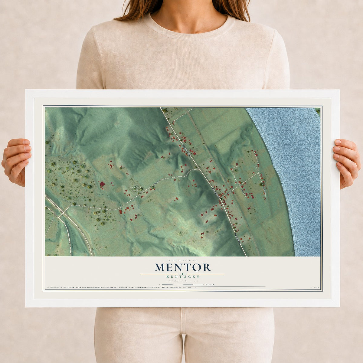 Map of Mentor, Kentucky, 12 x 18 inch print in a white wood frame