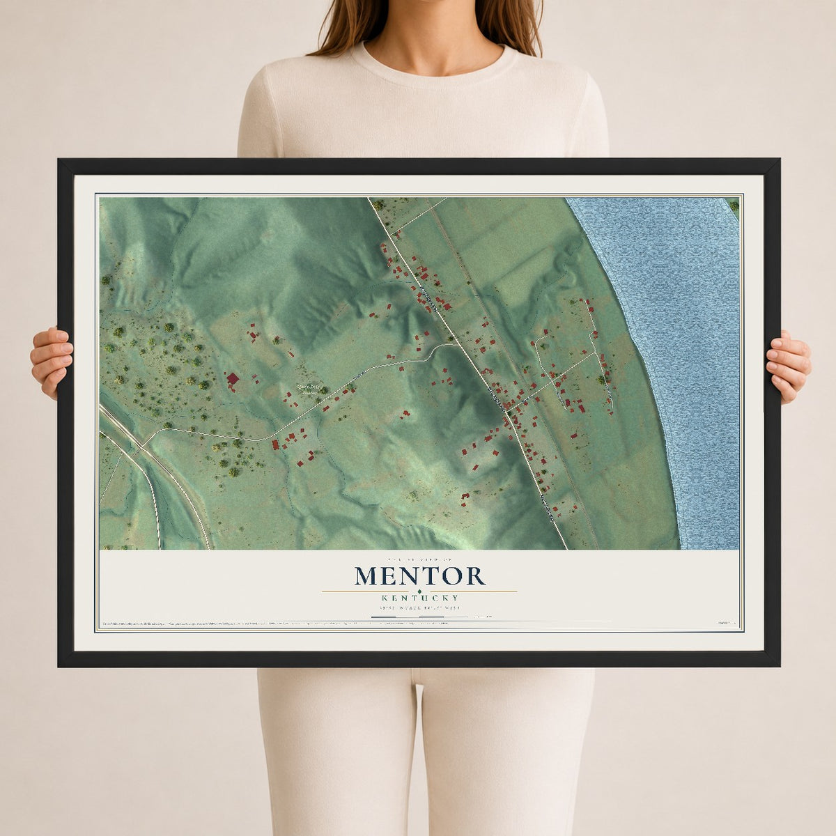 Map of Mentor, Kentucky, 24 x 36 inch print in a black wood frame