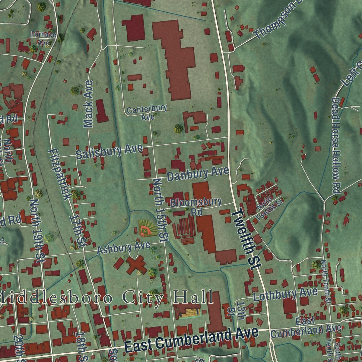 Second close-up of the map of Middlesborough, Kentucky print showing more streets and buildings