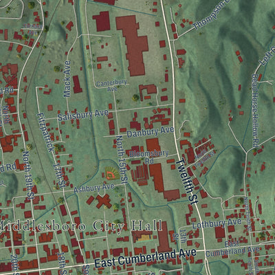 Second close-up of the map of Middlesborough, Kentucky print showing more streets and buildings