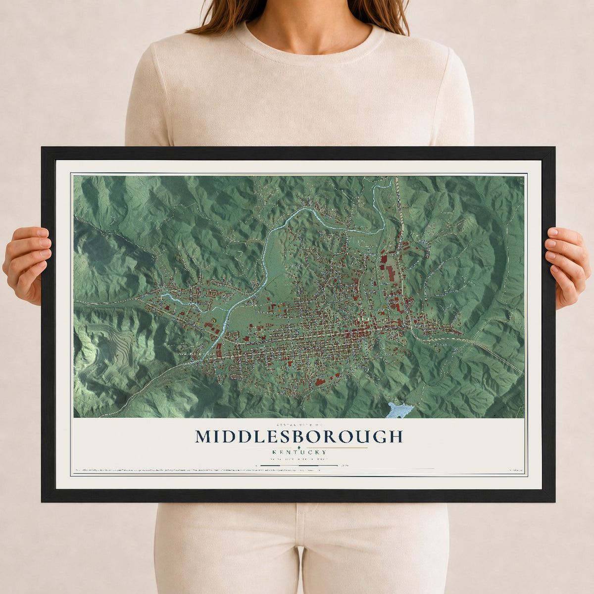 Map of Middlesborough, Kentucky, 12 x 18 inch print in a black wood frame