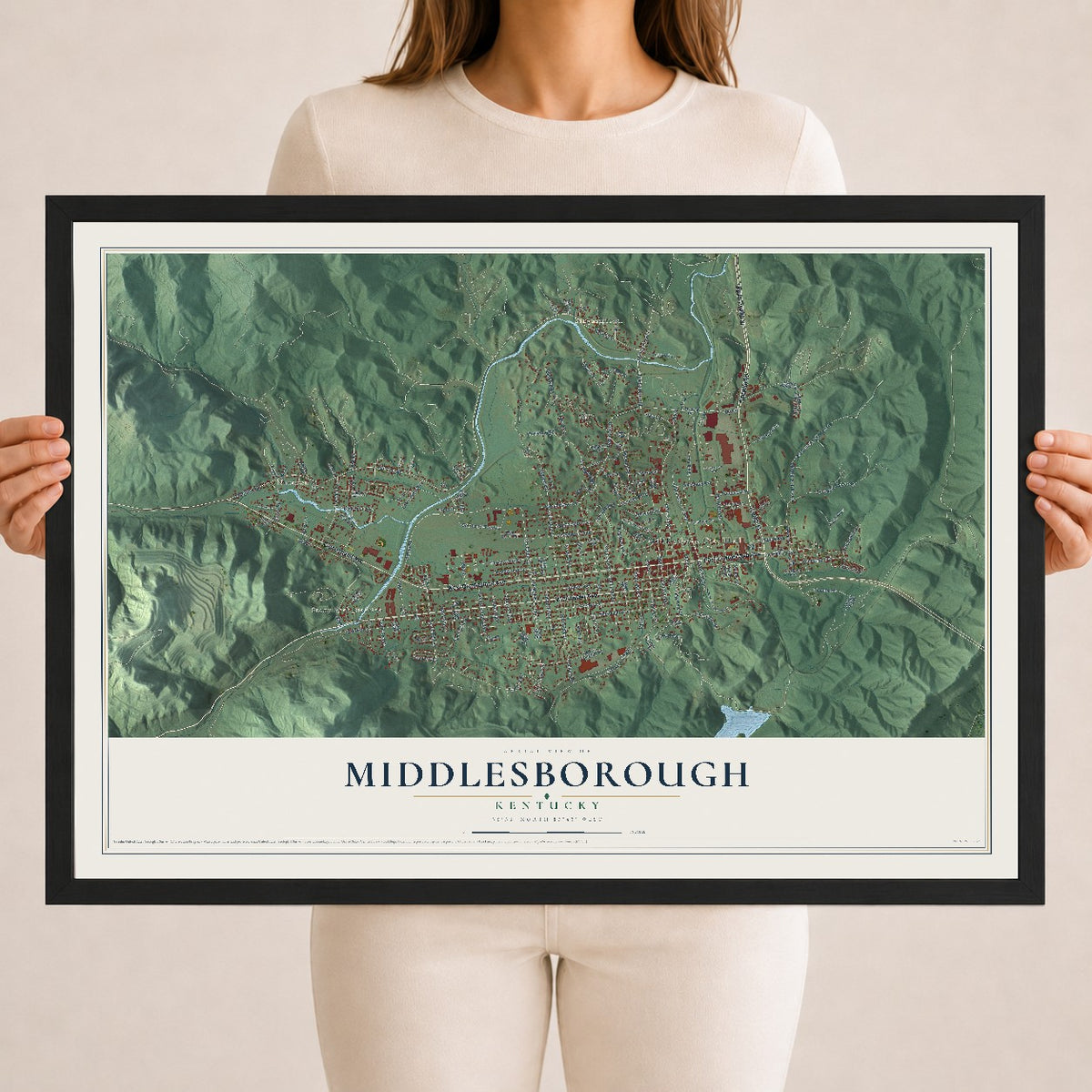 Map of Middlesborough, Kentucky, 18 x 24 inch print in a black wood frame