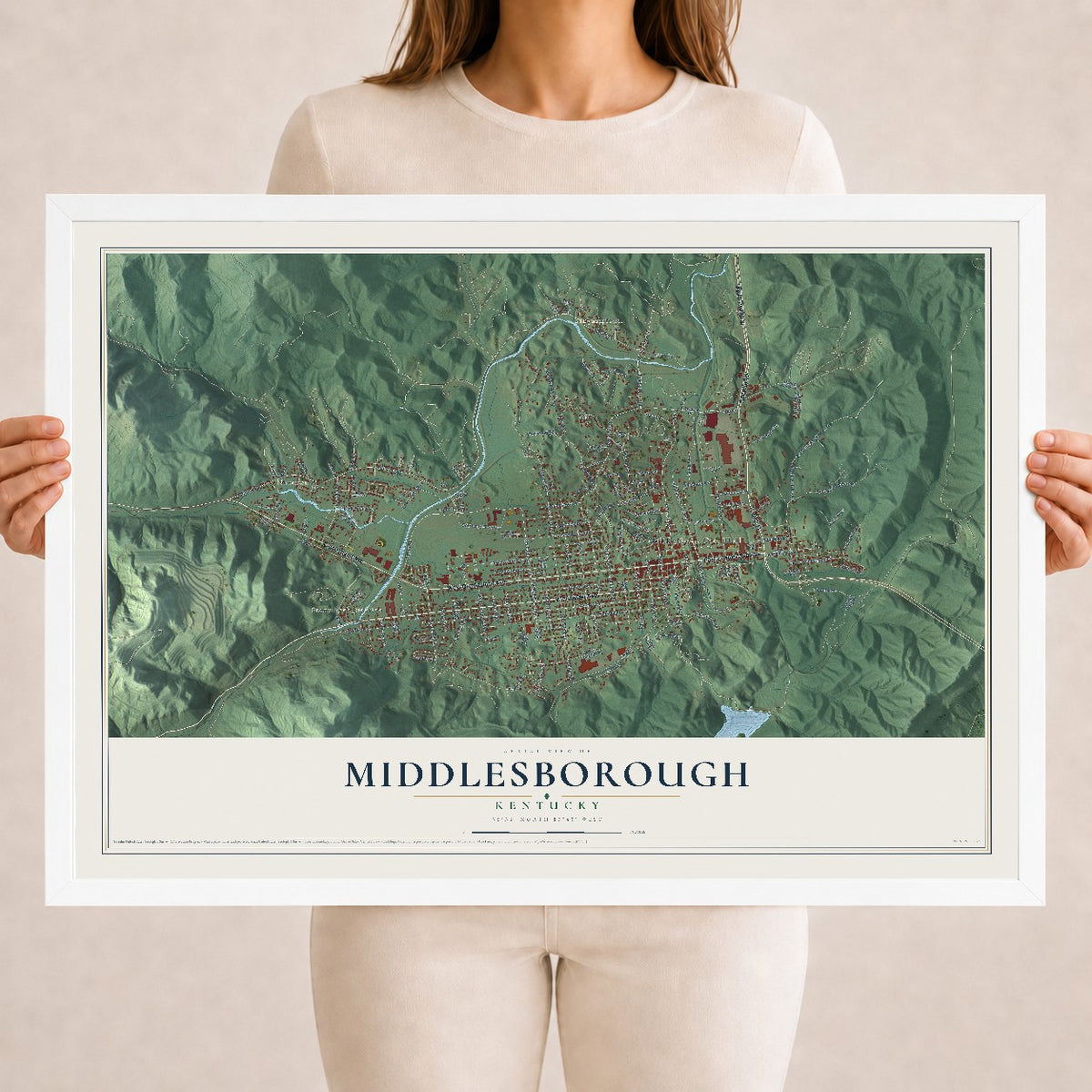 Map of Middlesborough, Kentucky, 18 x 24 inch print in a white wood frame